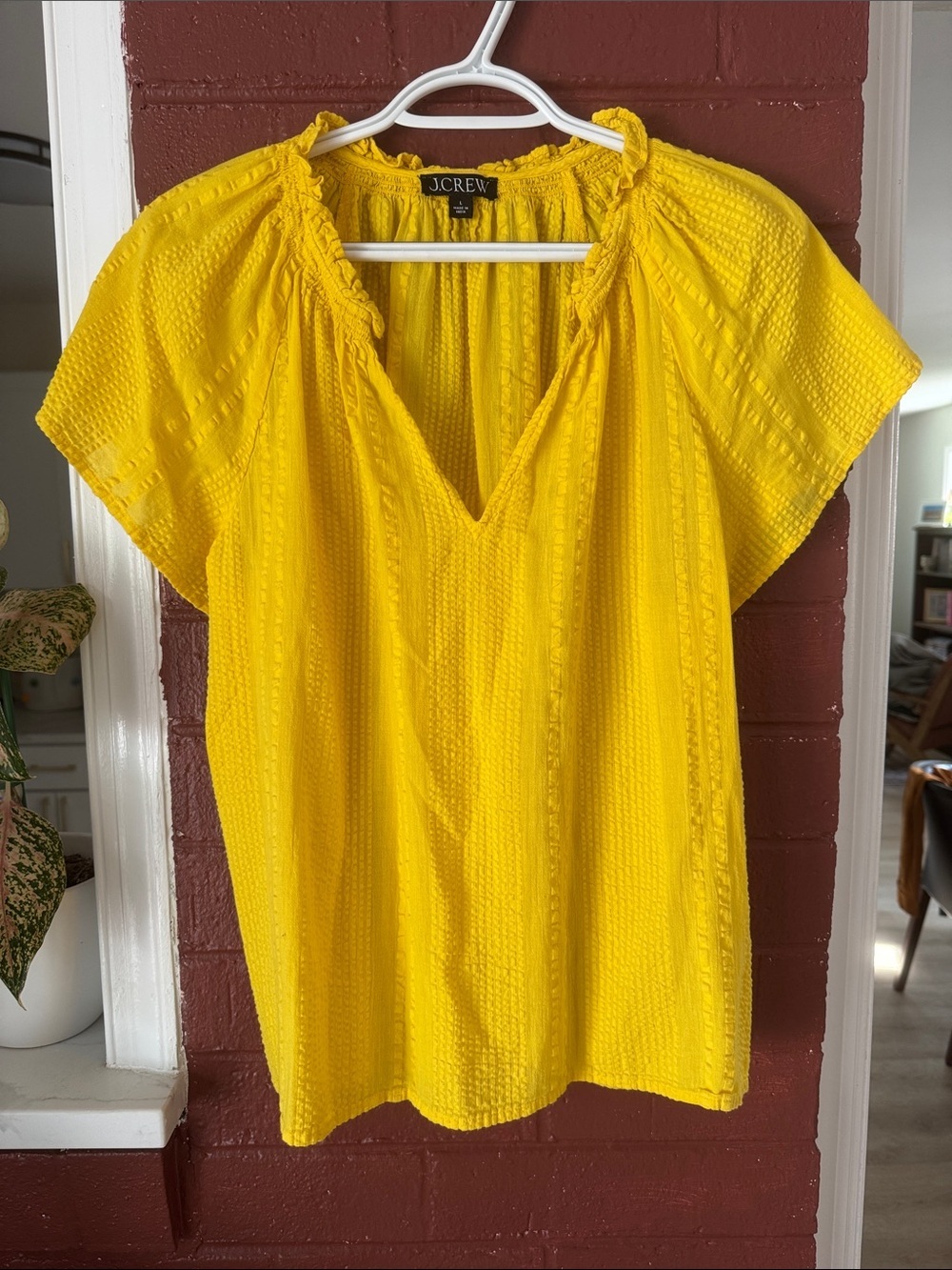 J. Crew 100% Cotton Bright Yellow Textured V-Neck Peasant Short Sleeve Top Large